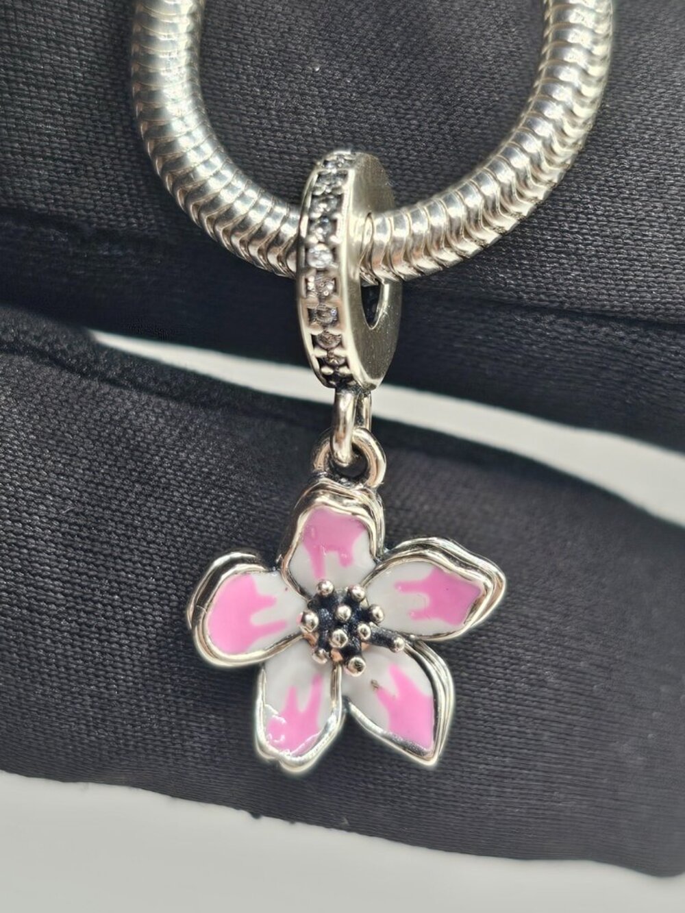 Sterling Silver 925 Rhodium Plated CZ Dangling Cherry Blossom Charm